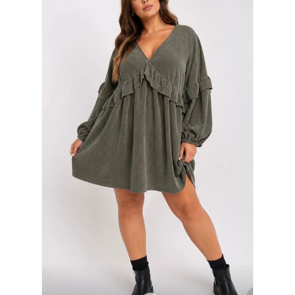ASOS Design Curve Olive Green Ribbed Ruffle Dress Plus Size US 18 Balloon Sleeve